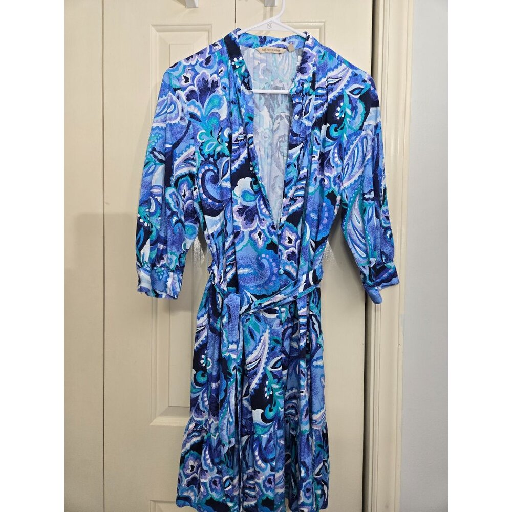 Soft Surroundings Womens PL Blue Paisley Dress 3/4 Sleeve Cotton/Rayon